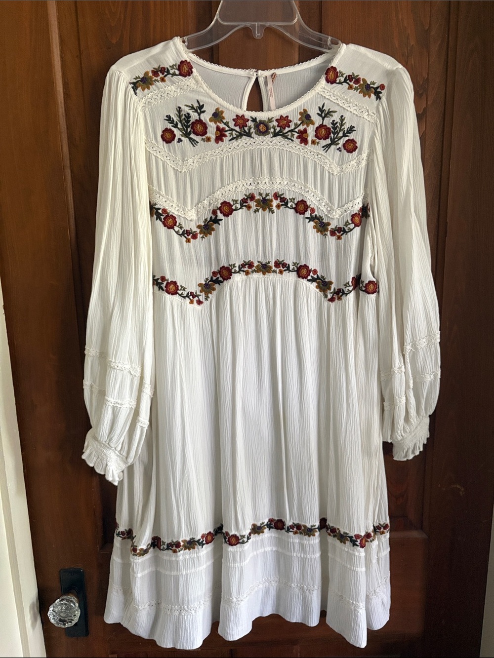 Free People White Long-Sleeve Boho Dress with Floral Embroidery